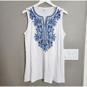 J. Jill Womens White And Blue Embroidered Tank Top